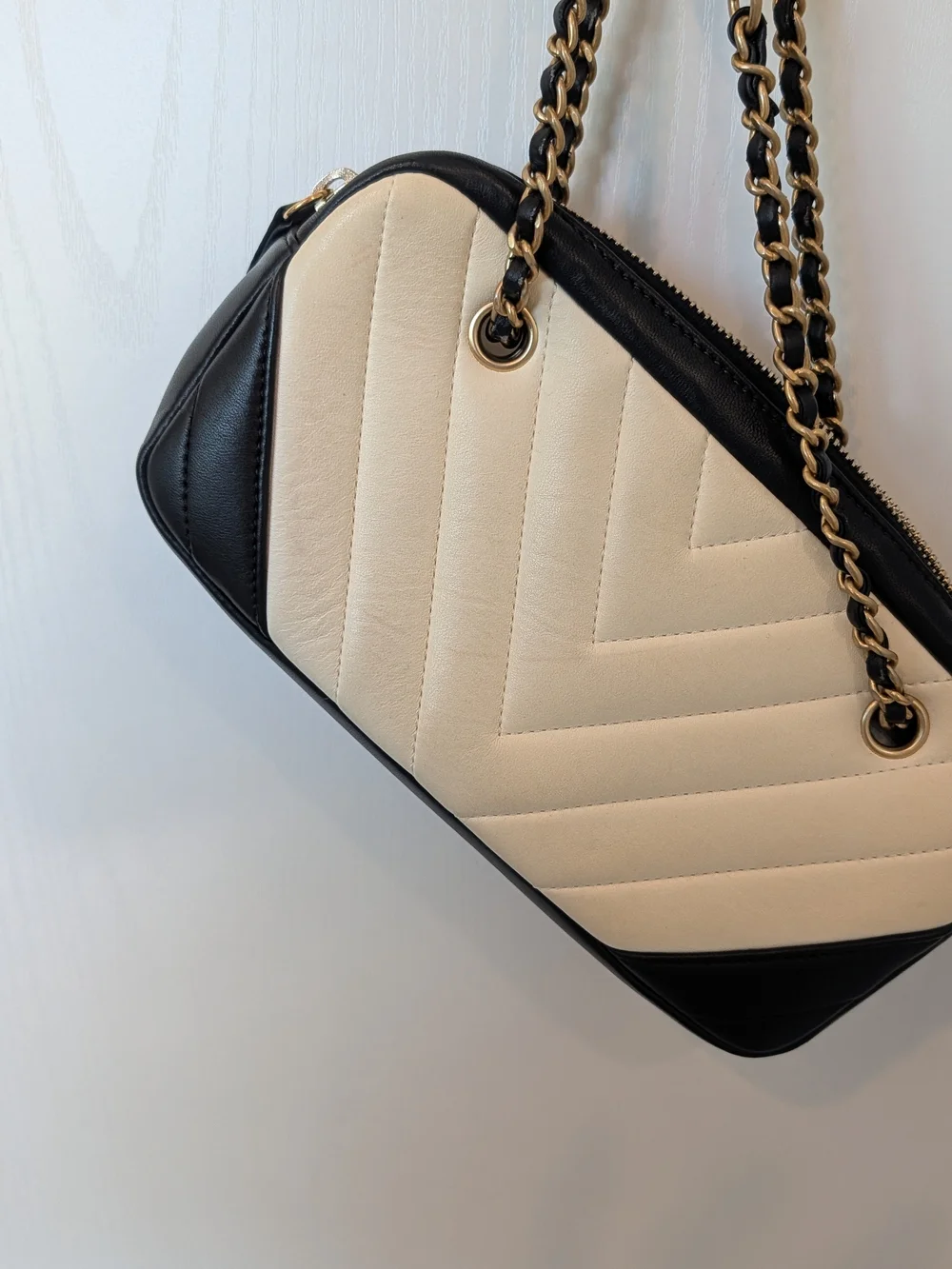 Chanel Lambskin Chevron Quilted Camera Bag In Beige And Black